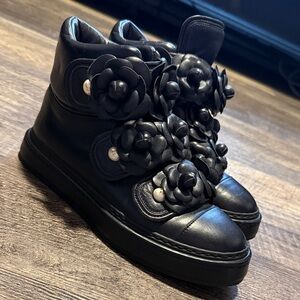 CHANEL Black Floral Embellished High-Top Sneakers